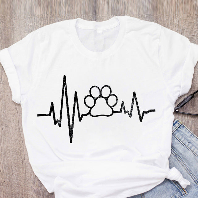 DOG MOM ECG Footprint Love Lady T-shirt Short Sleeve