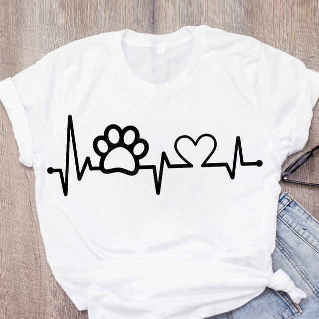 DOG MOM ECG Footprint Love Lady T-shirt Short Sleeve